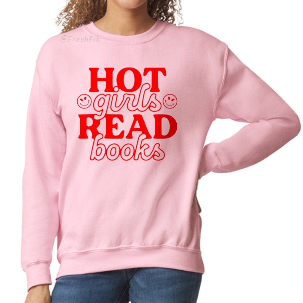 🆕Hot Girls Read Books Pink Fleece Crew Sweatshirt - Picture 1 of 2